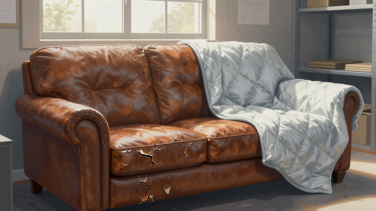 A leather sofa showing damage from plastic wrap on one side and protection from a moving blanket on the other.