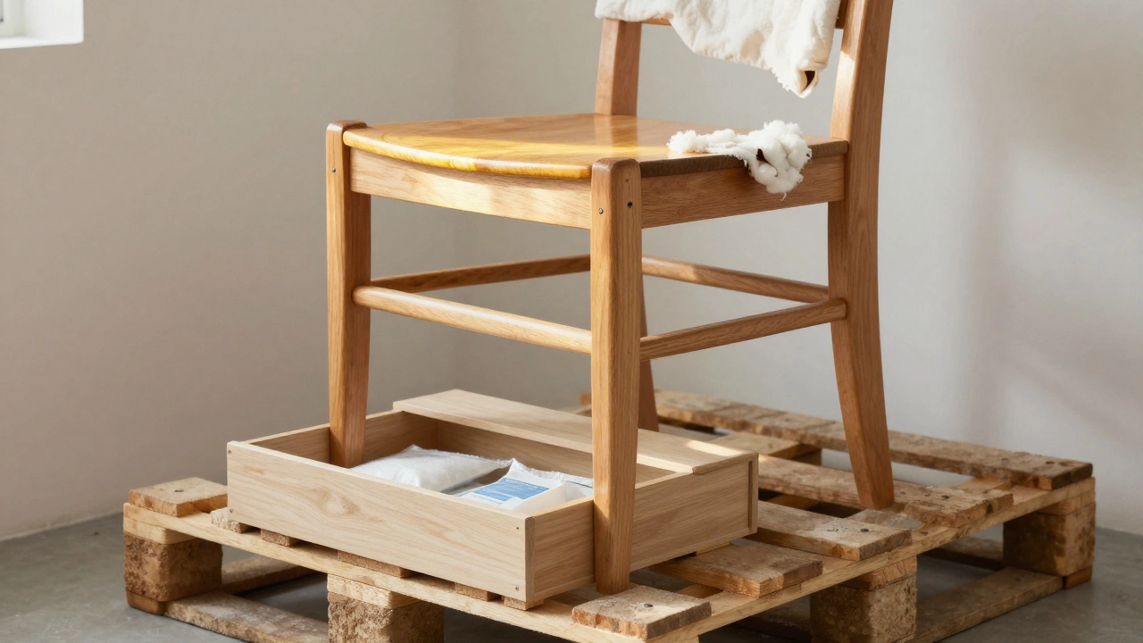 A wooden chair stored on pallets with a breathable cotton cover and silica gel packs for moisture control.