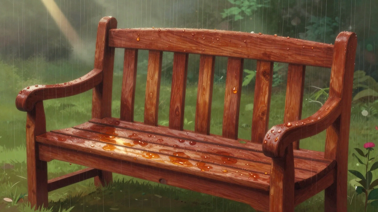 Cedar bench repelling rain in UK garden with natural oils visible.