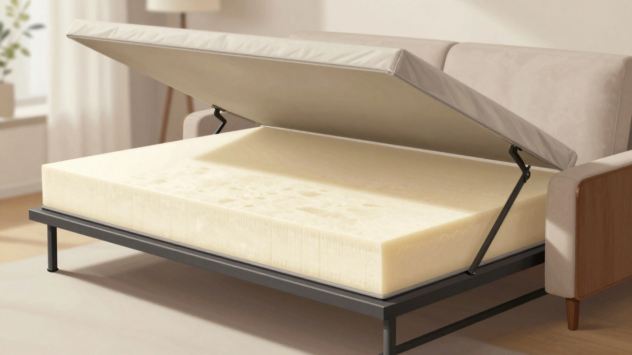 Close-up of a high-quality sofa bed mechanism revealing a thick hybrid mattress and removable cover.