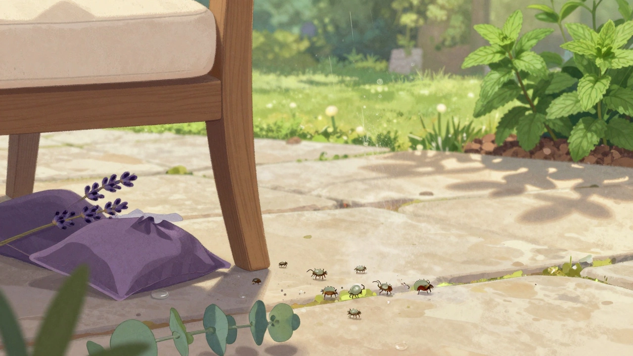 Close-up of garden furniture legs with neem oil mist and lavender sachets under cushions, repelling tiny chiggers.