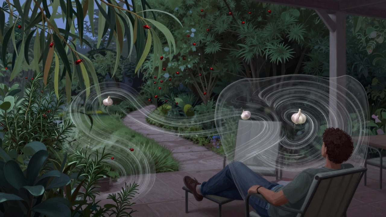 Conceptual image of aromatic scents forming a protective barrier around patio furniture, keeping chiggers at bay.