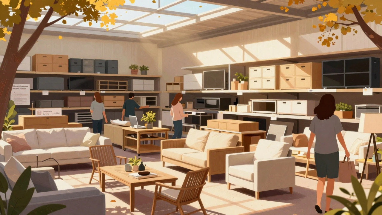 Customers testing outdoor furniture during Labour Day weekend in an Australian store, warm autumn light.