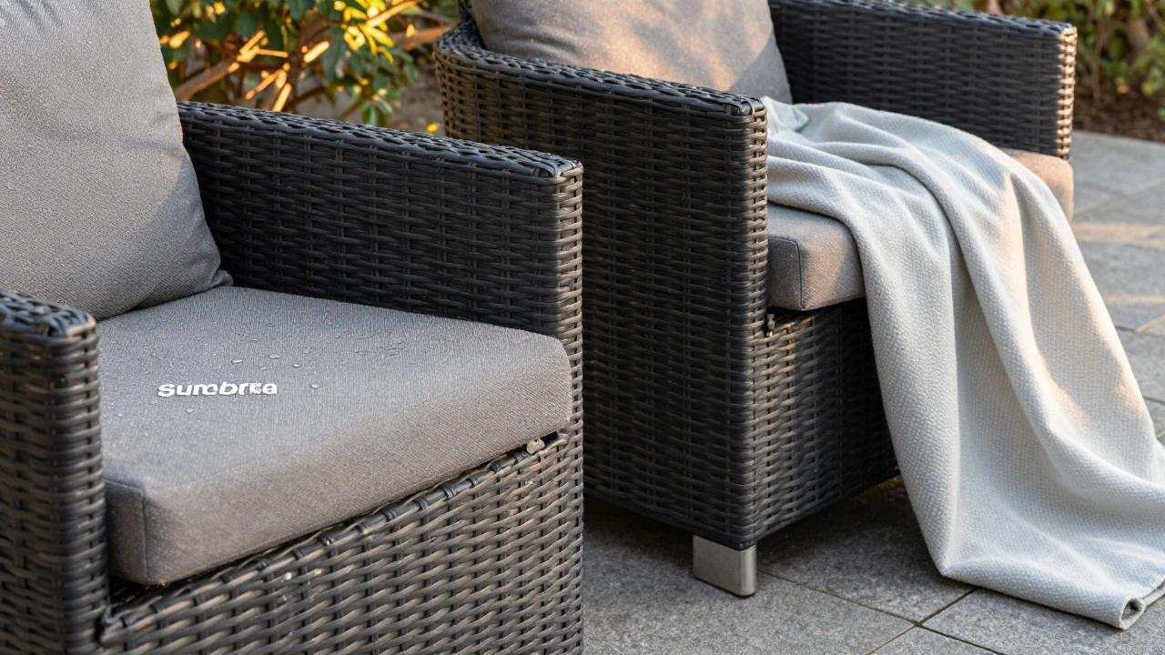 HDPE wicker chairs on pavers with weather-resistant cushions, water beading off the synthetic weave.