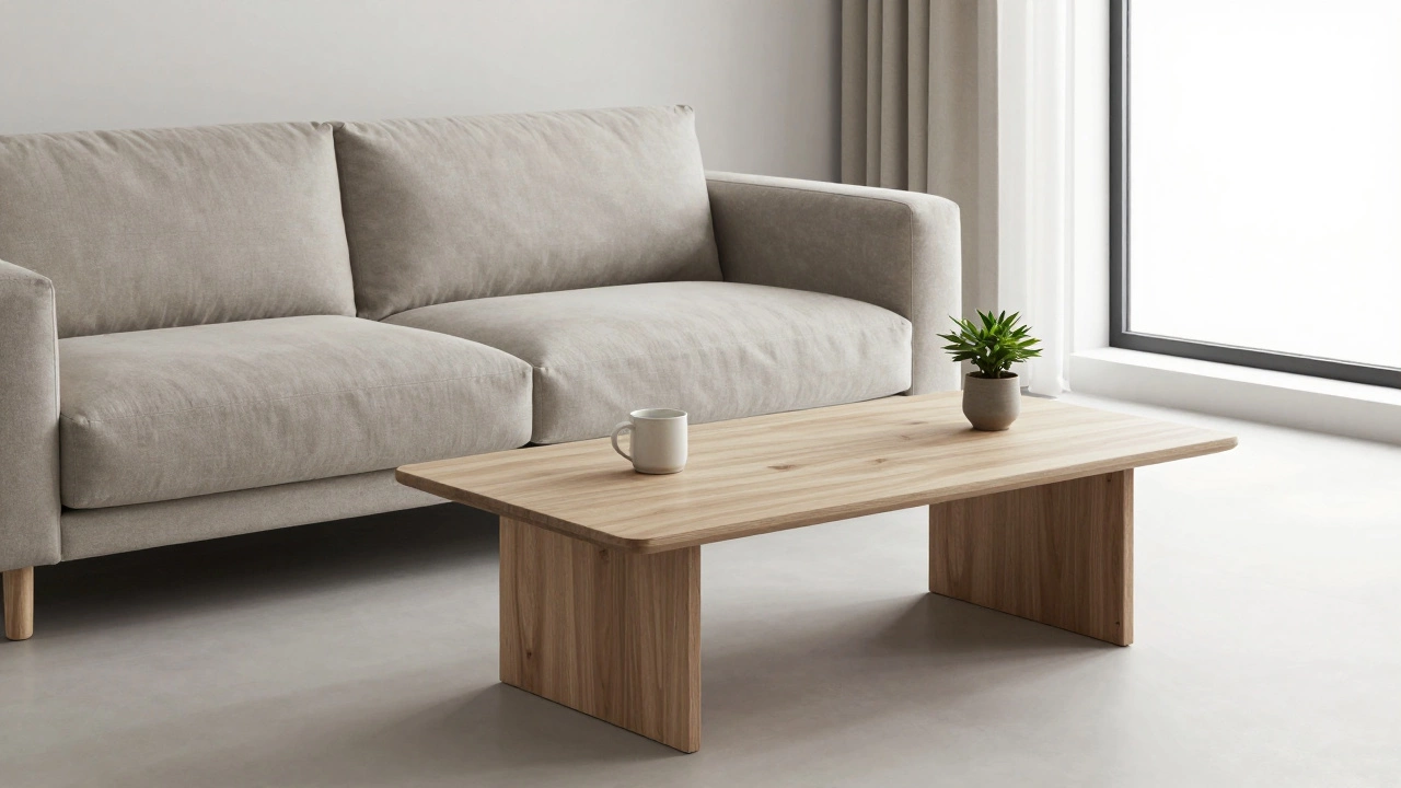 Minimalist Japandi living room with a low sofa and slender ash coffee table, bathed in soft daylight.