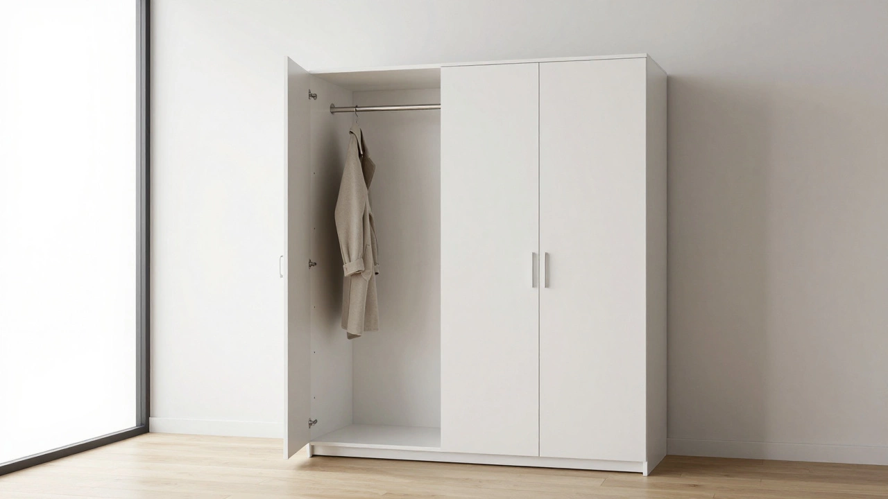 Minimalist white wardrobe in a clutter-free bedroom, with just one coat hanging inside, no extra features.