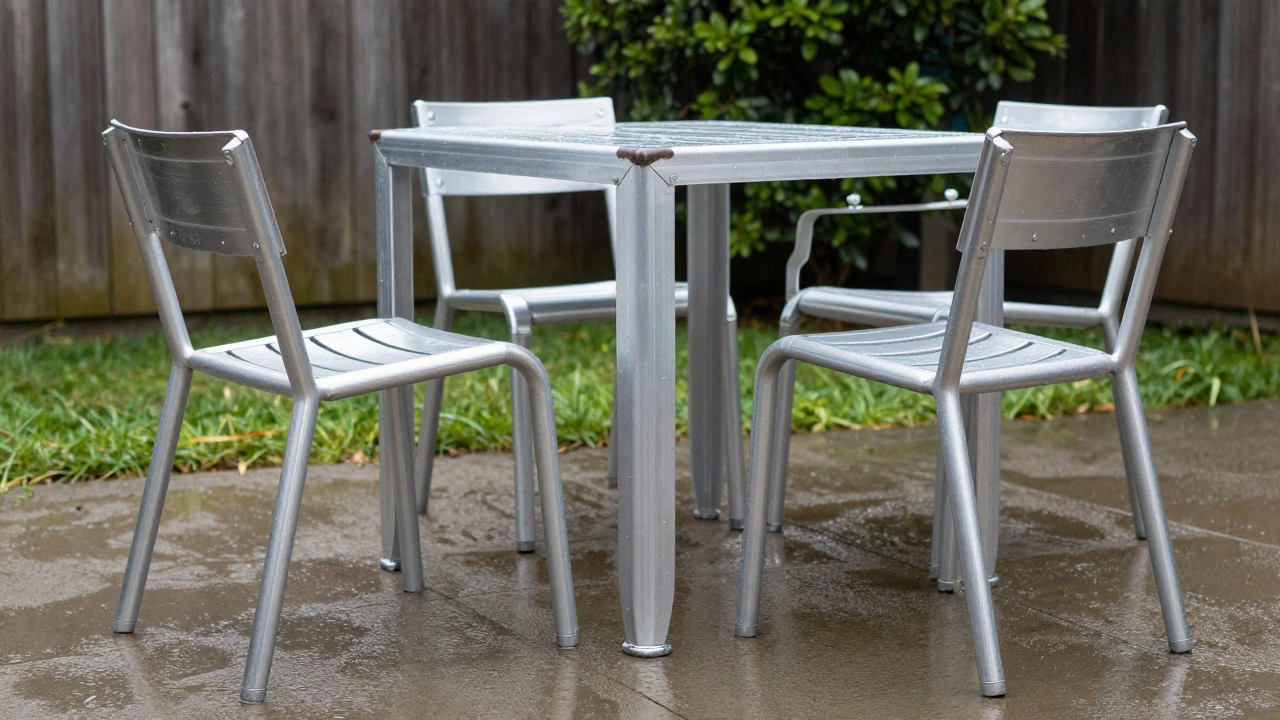 Powder-coated aluminum patio furniture exposed to winter rain, showing no signs of rust or damage.