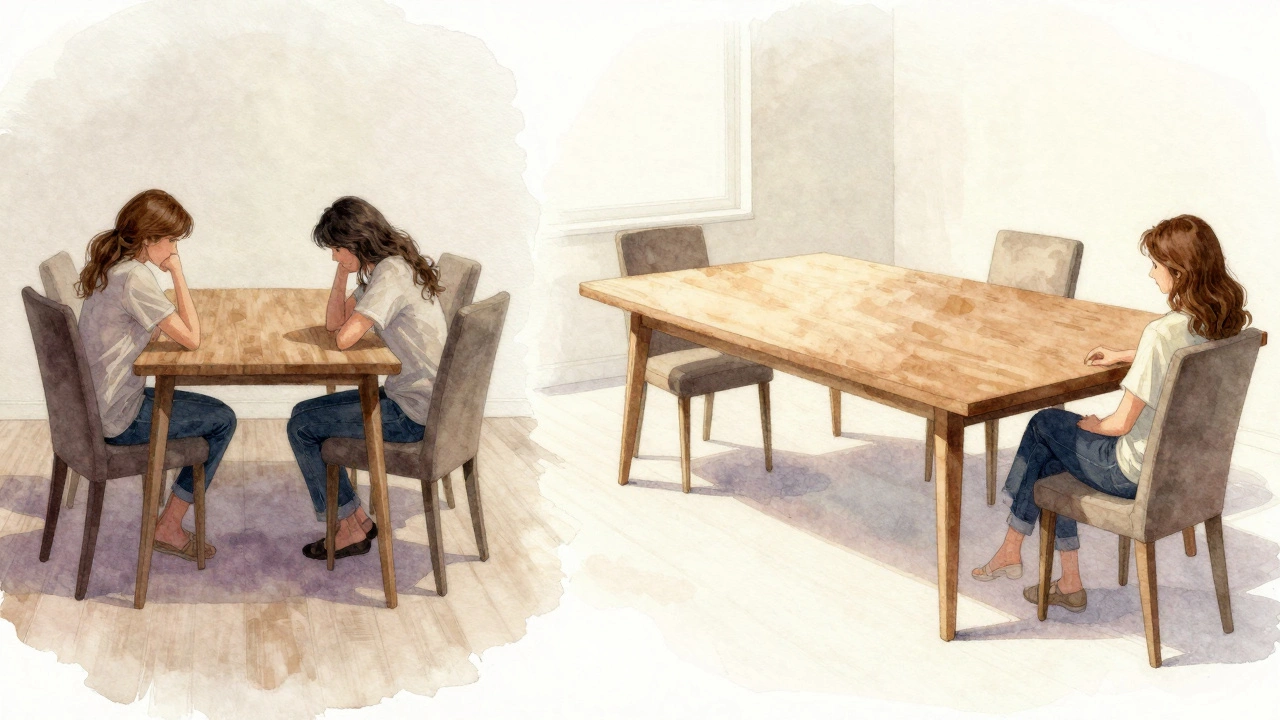 Side-by-side comparison of a cramped coffee table setup versus a well-spaced one, highlighting comfort and flow.