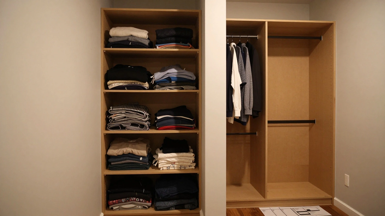 Side-by-side view of a built-in closet and a portable wardrobe, highlighting the difference in structure and mobility.