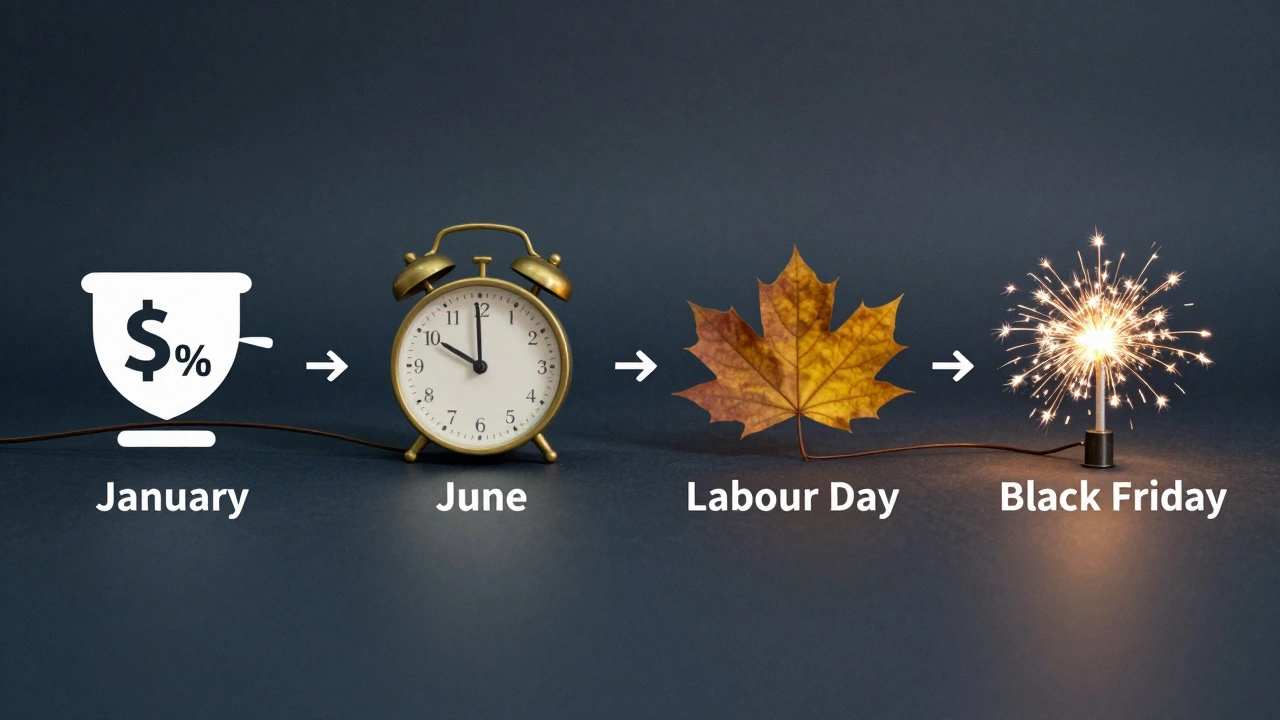 Timeline of Australian furniture sales cycles with icons for January, June, Labour Day, and November.