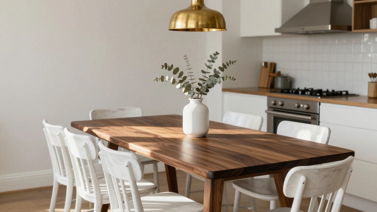 A dark walnut dining table in a bright kitchen, with white chairs and brass lighting highlighting natural wood grain.