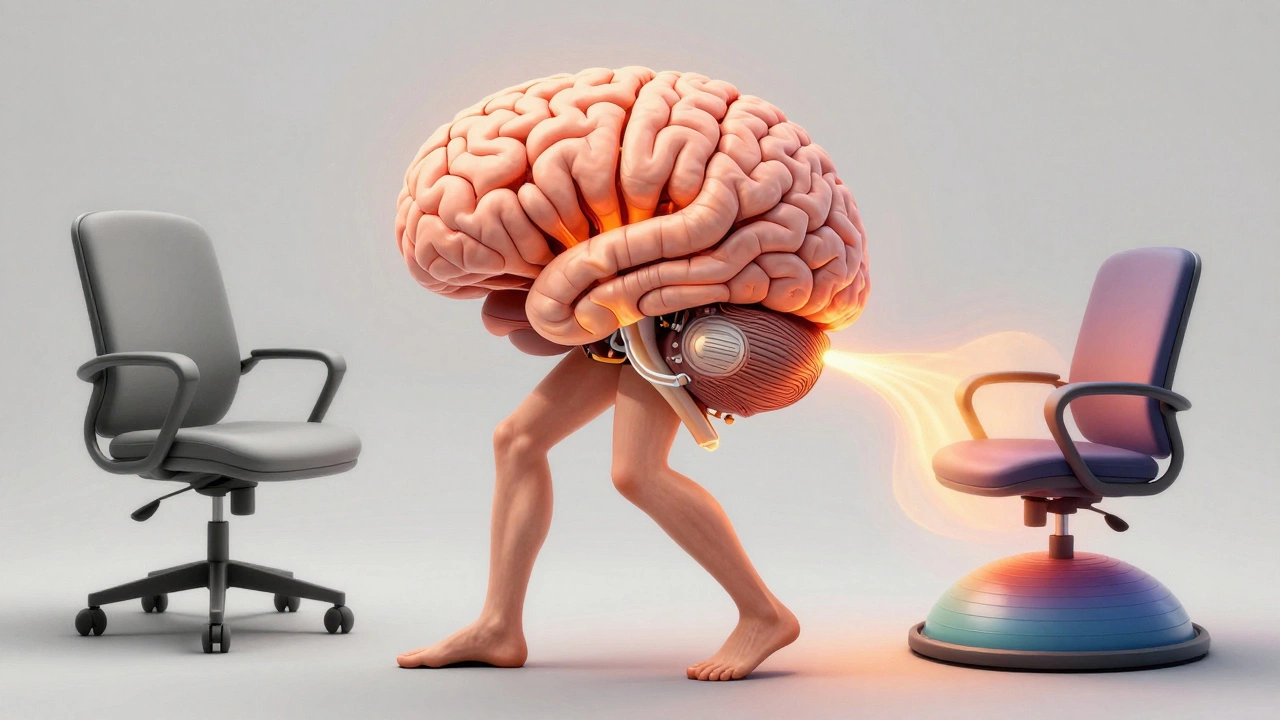 A human torso with a brain depicted as a glowing car engine, fueled by fidgeting movements, beside a rigid chair and a dynamic balance chair.