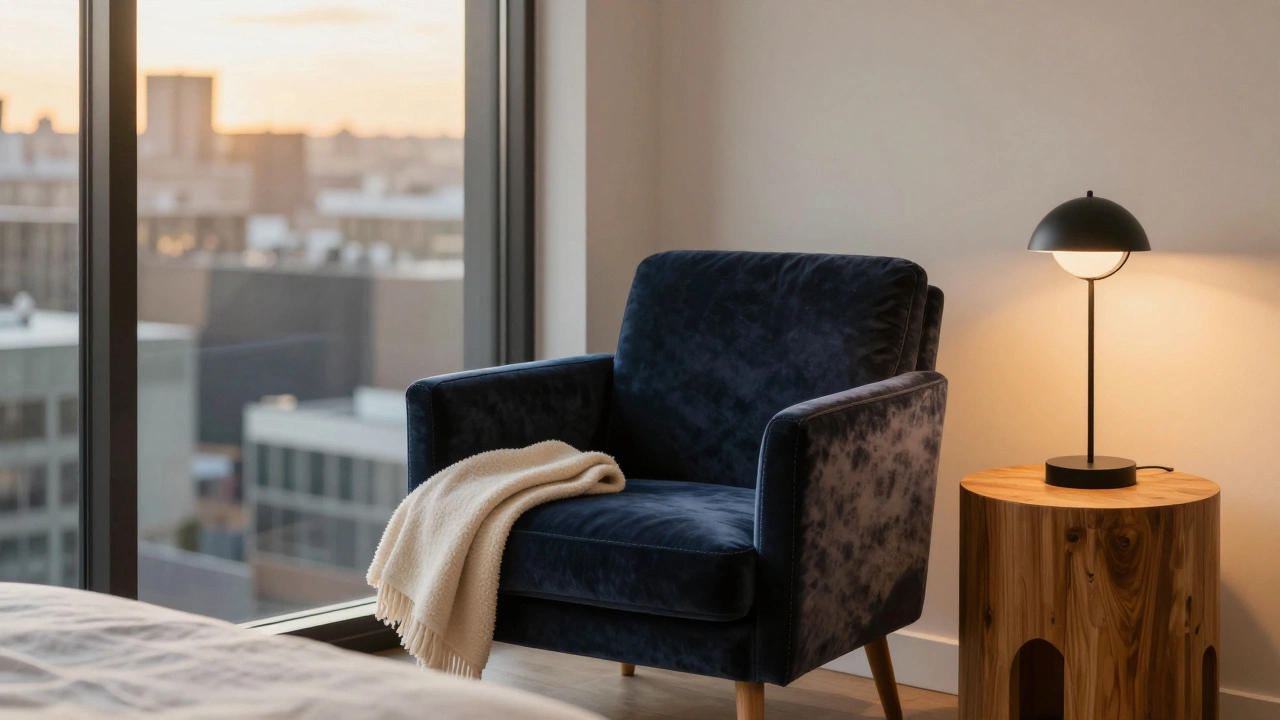 A navy velvet armchair by a window, with cream blanket and black lamp in a serene bedroom setting.