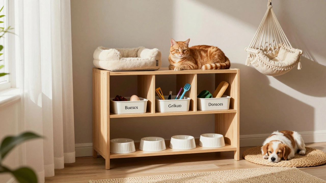 A pet station using a bookcase with bowls, beds, and storage bins, featuring a cat resting on the top shelf.