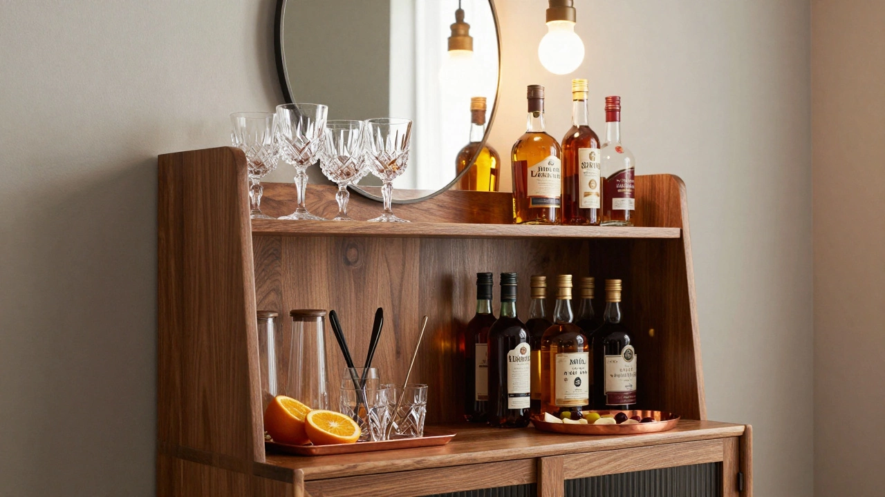 A stylish bookcase converted into a home bar with glasses, bottles, and a copper tray, illuminated by ambient light.