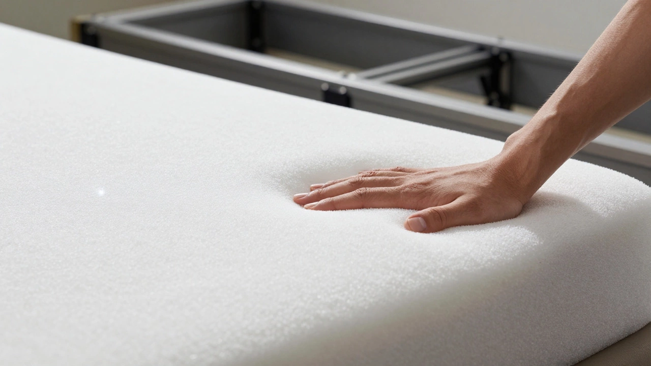 Close-up of high-density foam rebounding after pressure, highlighting support and durability.