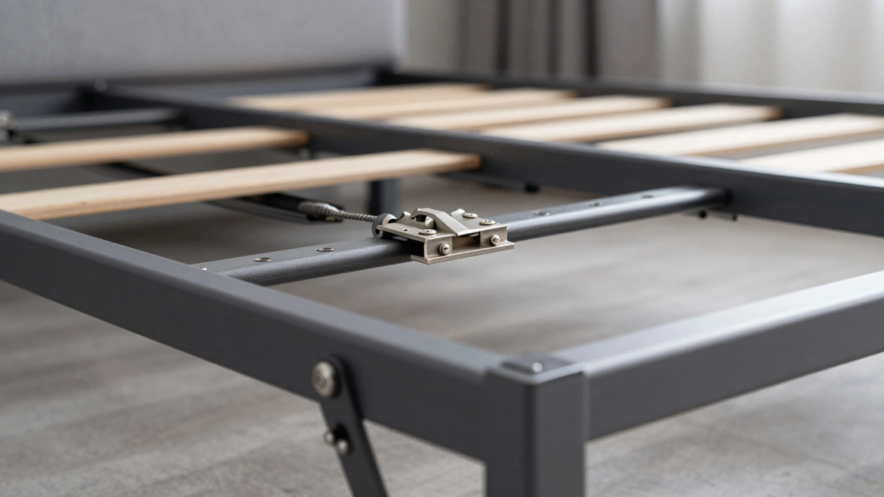 Close-up of metal rails and springs under sofa bed