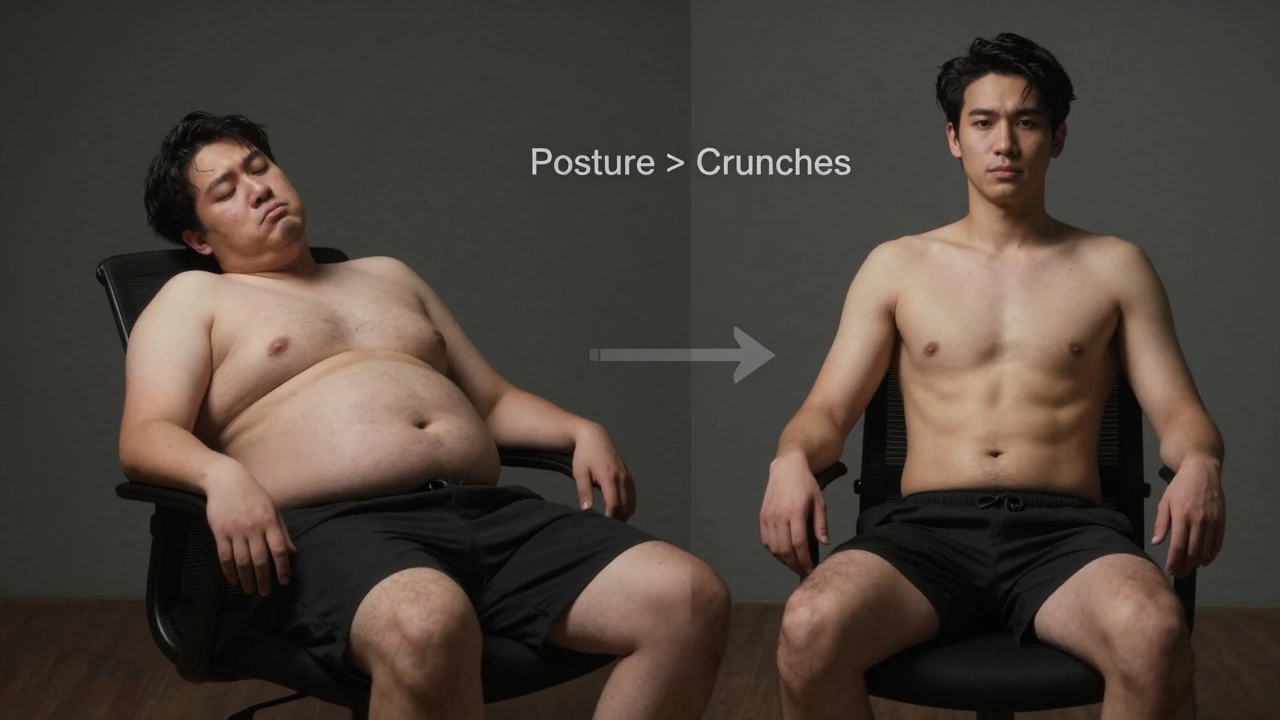 Contrasting images of slouched vs. upright sitting posture showing how alignment affects abdominal appearance.
