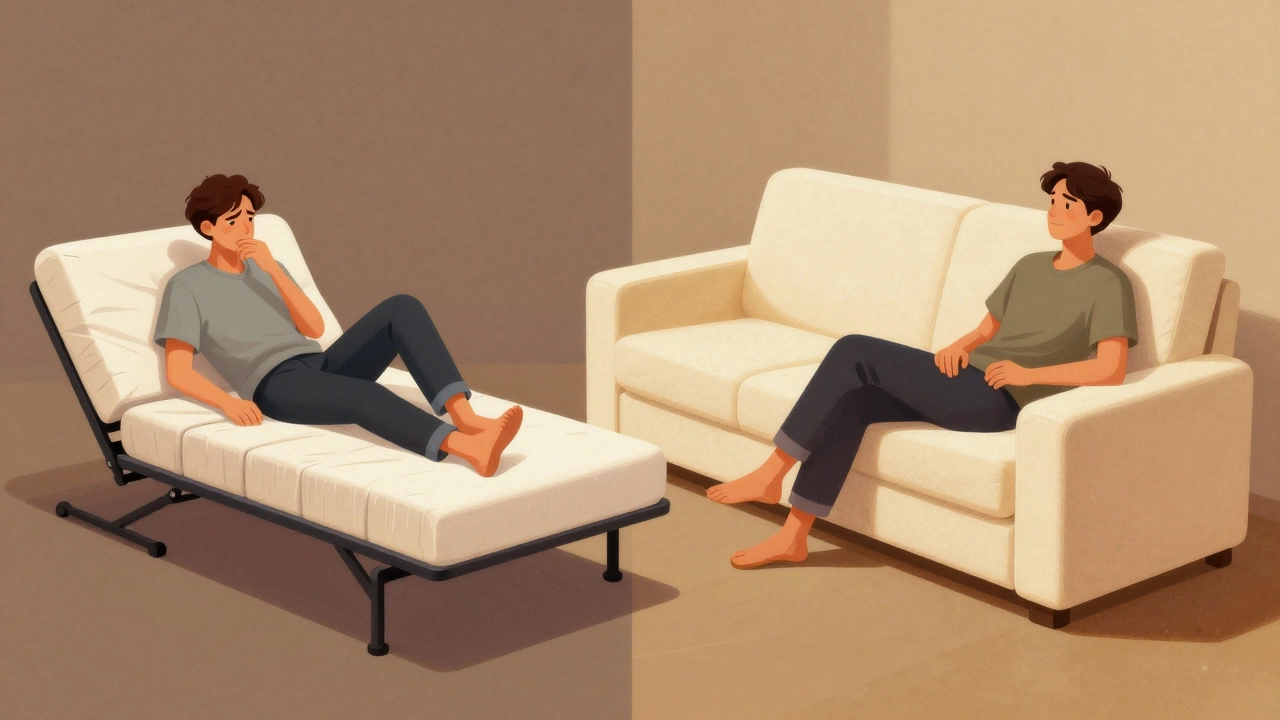 Contrasting old and new sofa bed designs showing comfort differences through posture and cushion shape.