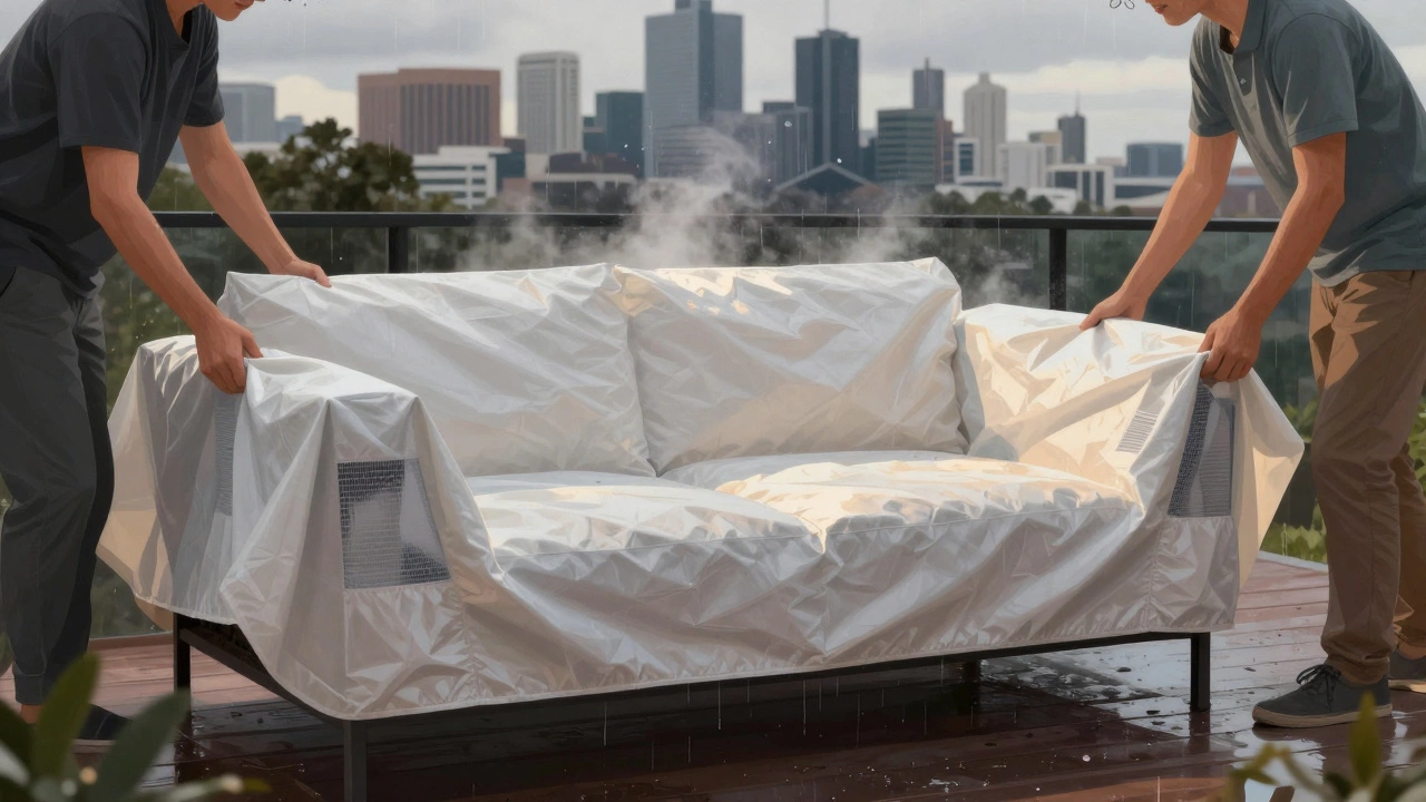 Homeowner removing a ventilated cover from outdoor furniture as sun dries damp cushions after rain.
