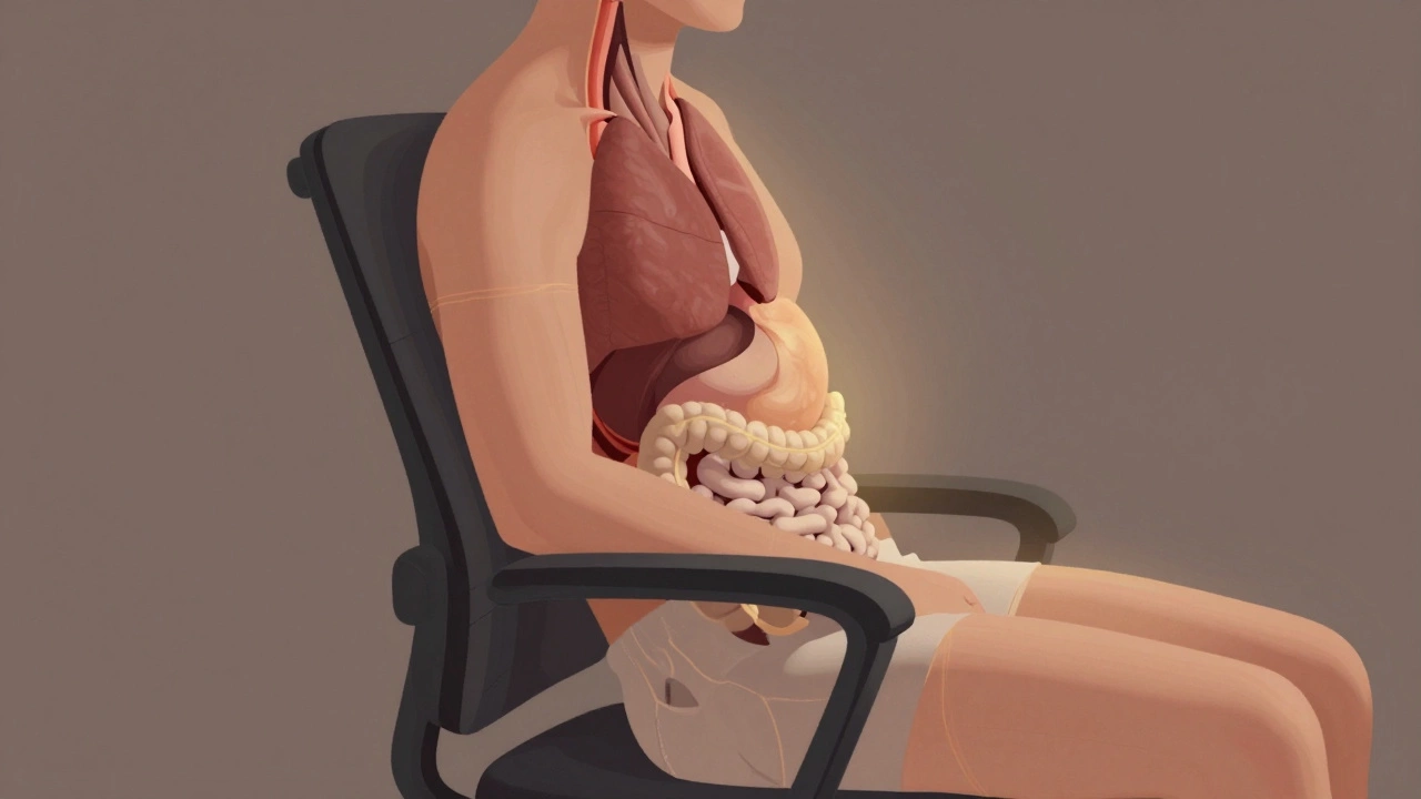 Side-view illustration of internal organs properly positioned in the abdomen due to good sitting posture.