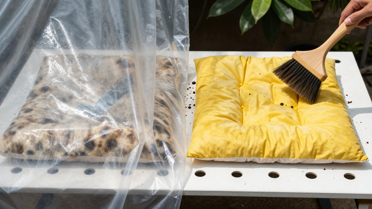 Split image: moldy cushion under plastic tarp vs. dry, clean cushion in sunlight, showing proper care.