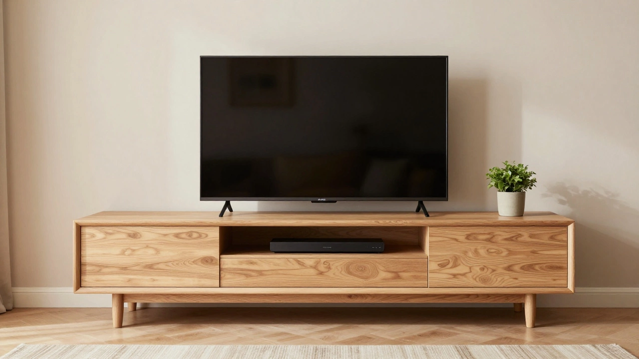 A 65-inch TV centered on a wide light-oak wooden stand with a soundbar.