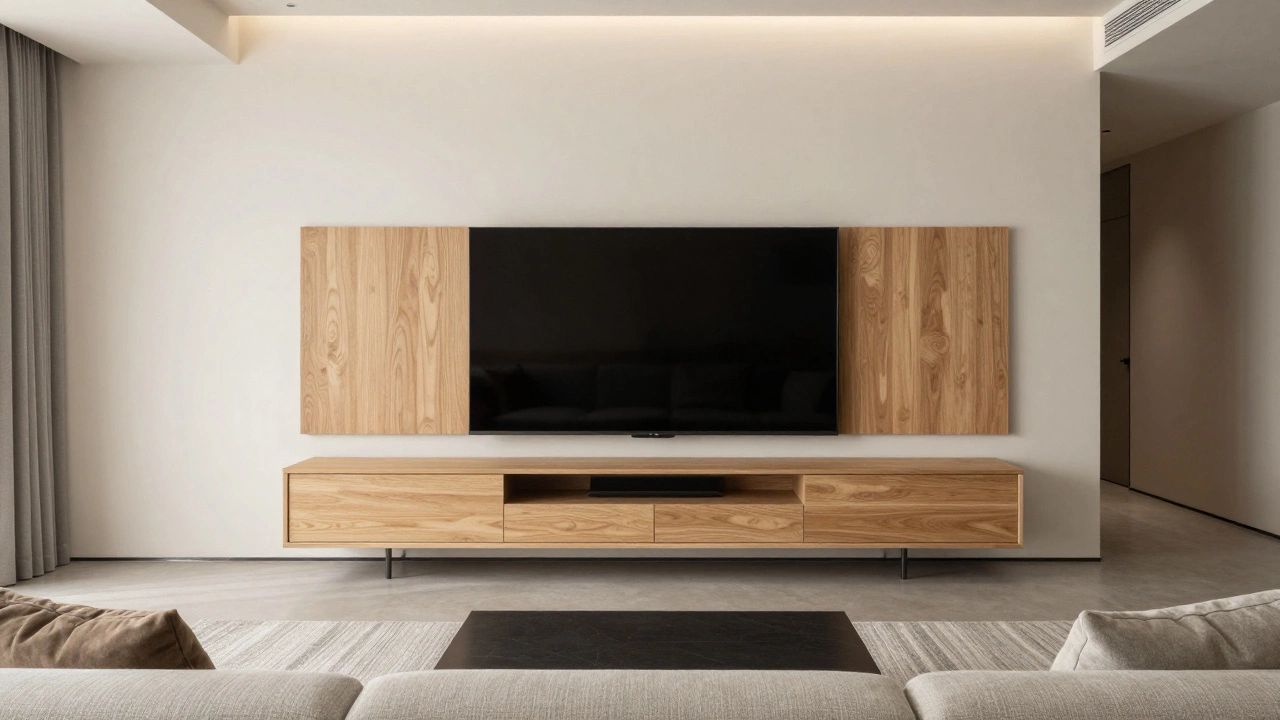 A 65-inch TV centered on a wide wooden stand in a modern living room