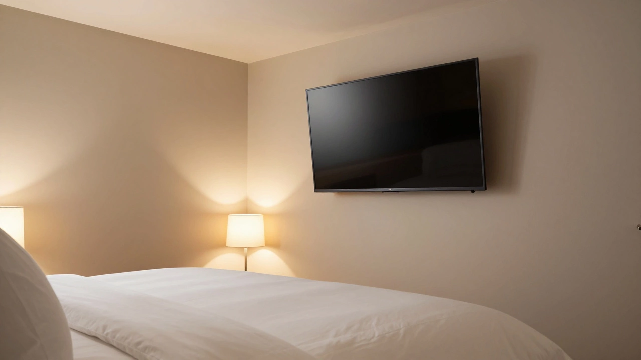 A bedroom TV mounted high and tilted downwards toward a bed