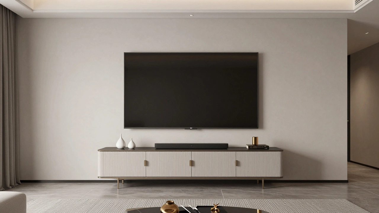A large TV wall-mounted above a 60-inch sideboard for a clean and safe setup