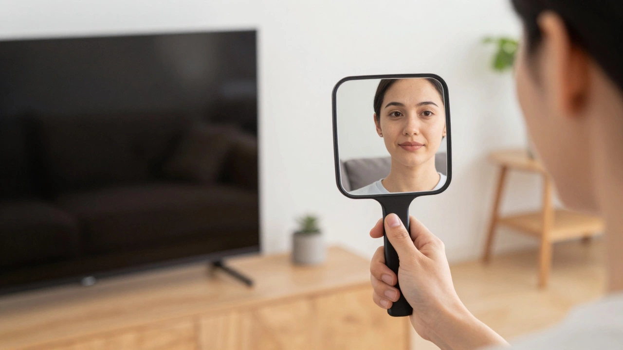 A person using a mirror to check if a tilted TV is at the correct viewing angle
