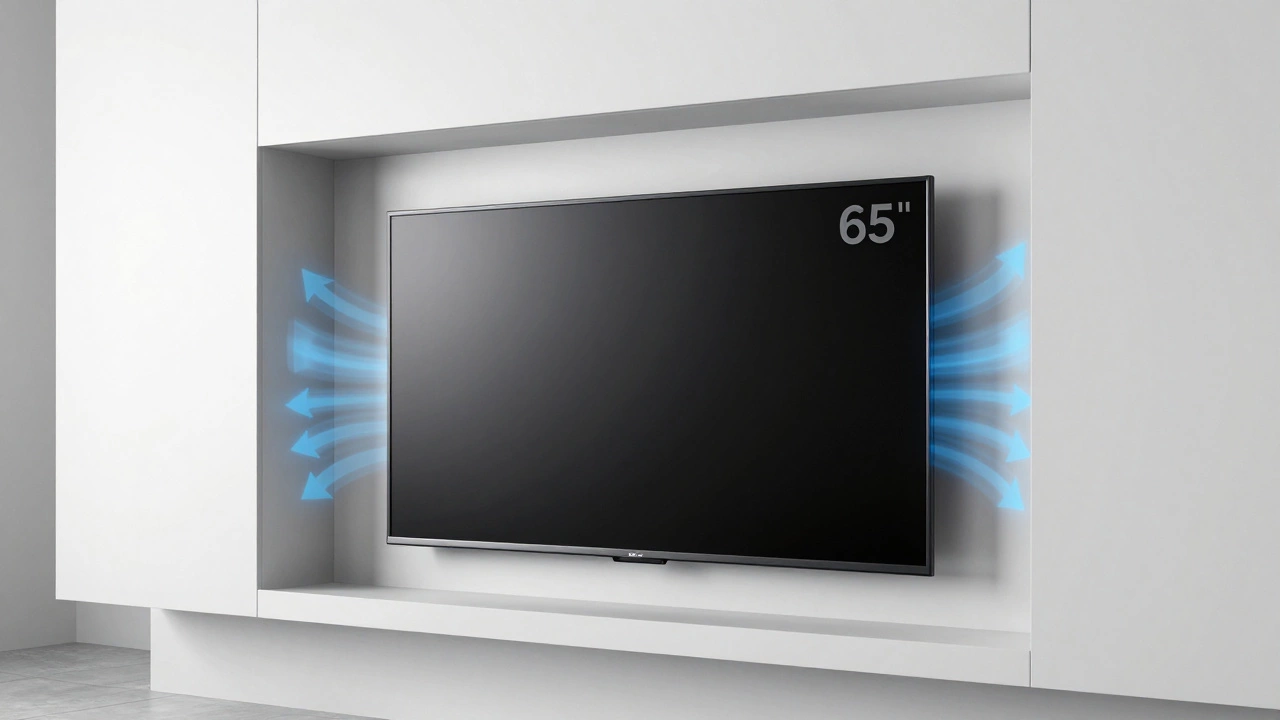 A technical 3D render of a TV in a wall alcove showing ventilation gaps.