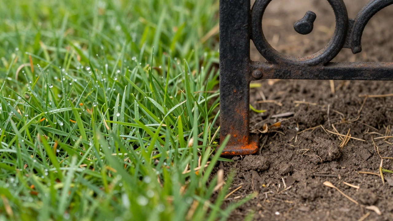 Close-up of a metal furniture leg causing a brown dead patch on green grass.