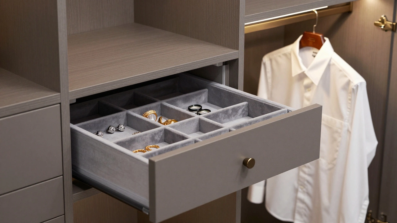 Close-up of a velvet-lined jewelry drawer and a valet rod in a high-end custom closet.