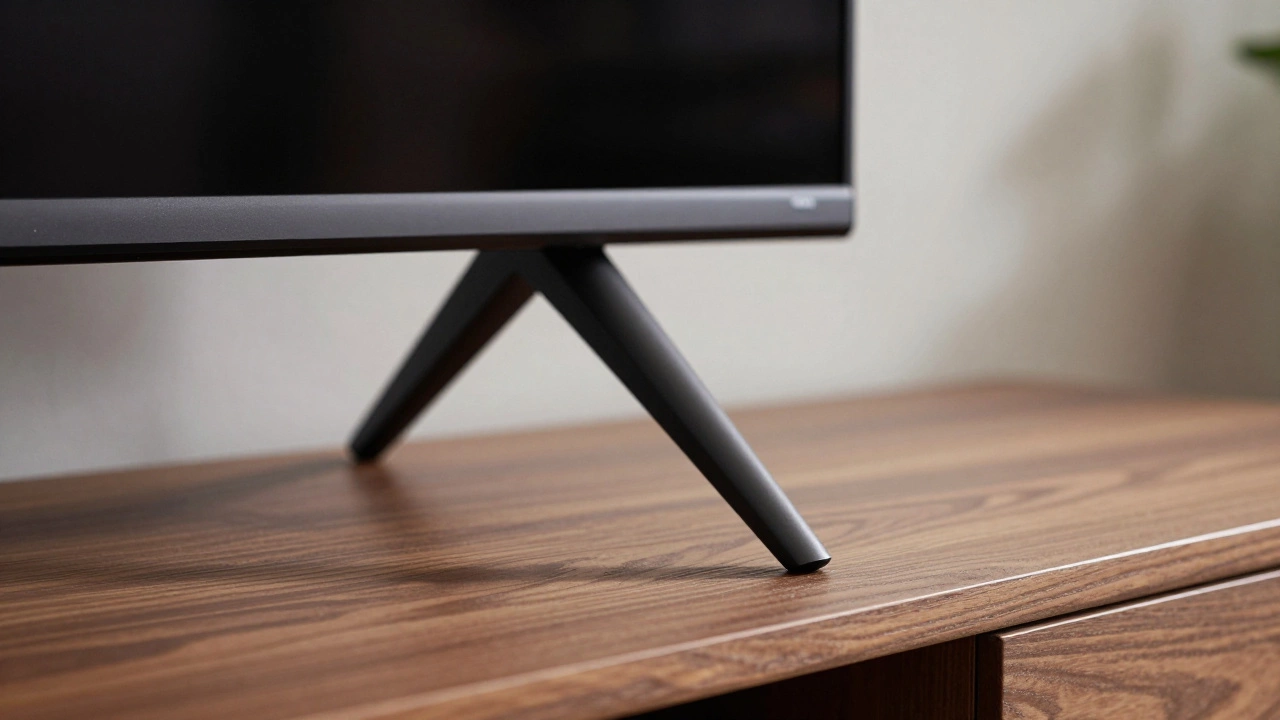 Close-up of a wide TV leg sitting precariously on the edge of a smaller TV stand
