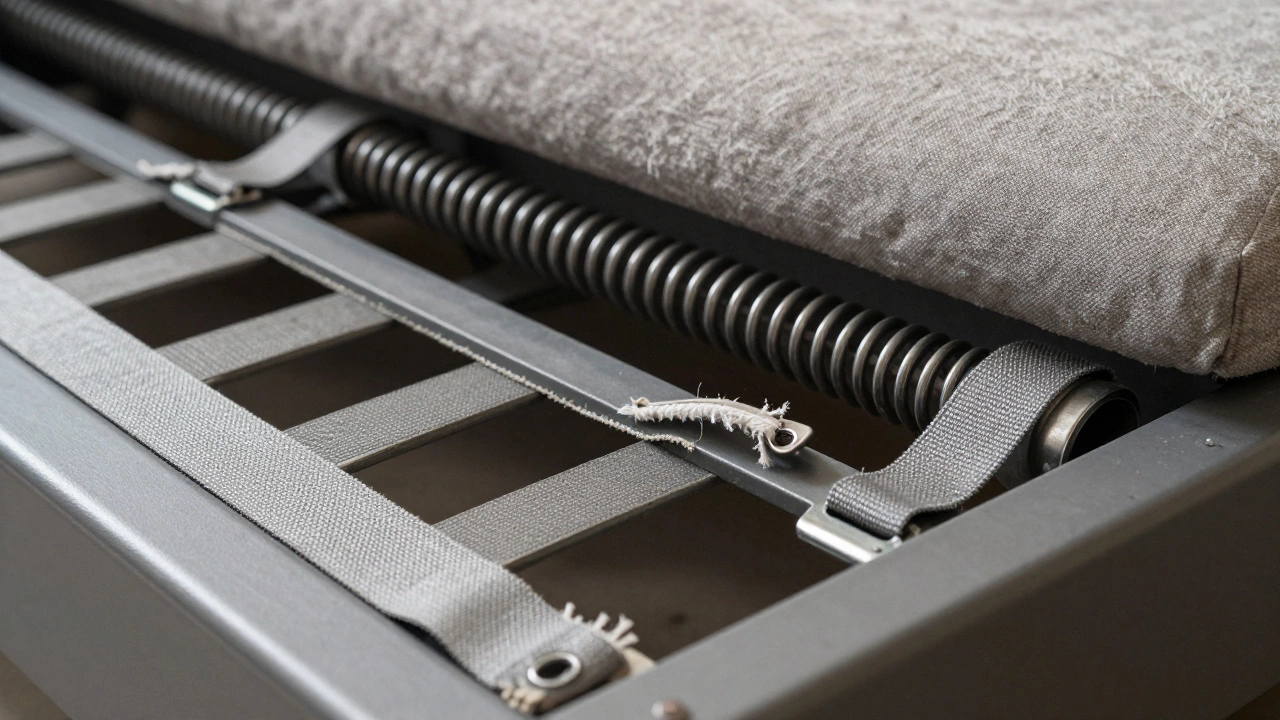 Close-up of sinuous springs and webbing under a sofa bed frame