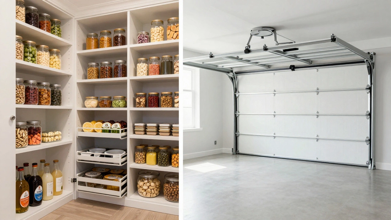 Comparison of an organized custom walk-in pantry and a tidy garage storage system.
