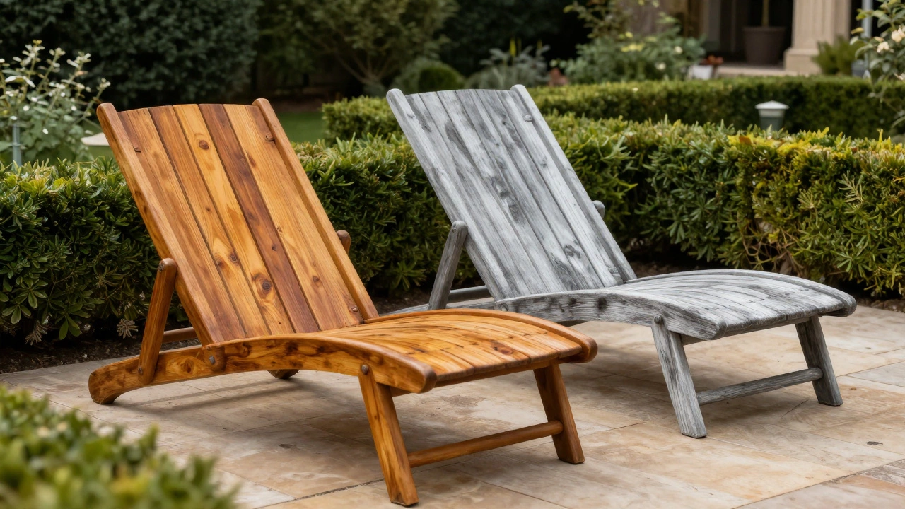 Comparison of golden-brown and silvery-grey weathered teak loungers
