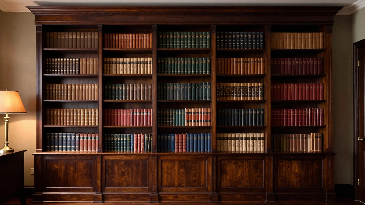 Large floor-to-ceiling dark oak bookcase filled with vintage leather-bound books