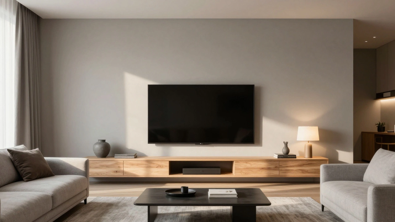 Living room with a mid-tone greige matte wall and a modern television