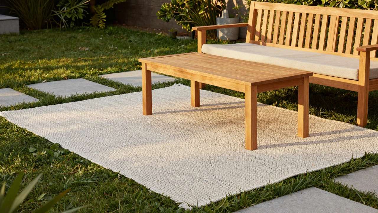 Teak garden furniture placed on a breathable outdoor rug over a green lawn.