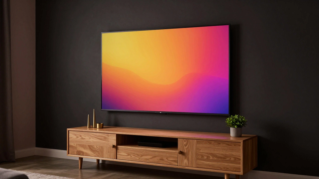 TV mounted on a dark charcoal matte accent wall with a light oak stand