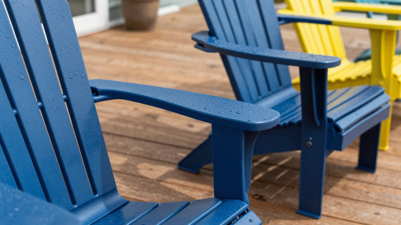 Vibrant navy blue HDPE plastic Adirondack chairs on a sunny deck