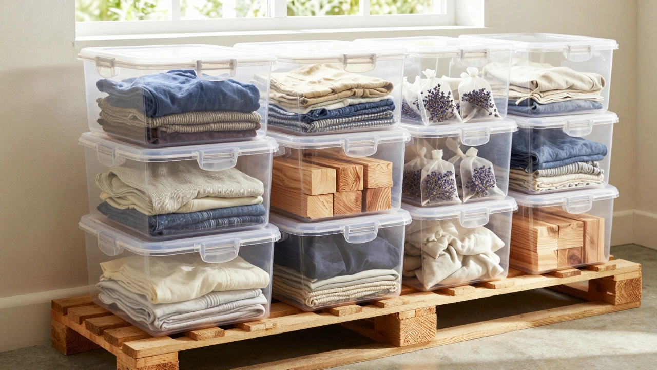 Airtight plastic bins with cedar blocks and lavender in a sunny storage unit.