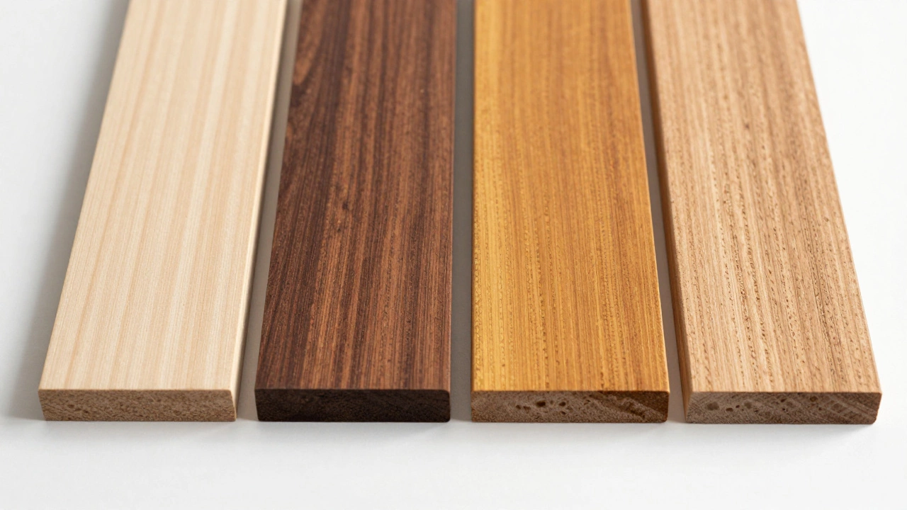 Close-up comparison of Maple, Walnut, Teak, and Oak wood textures