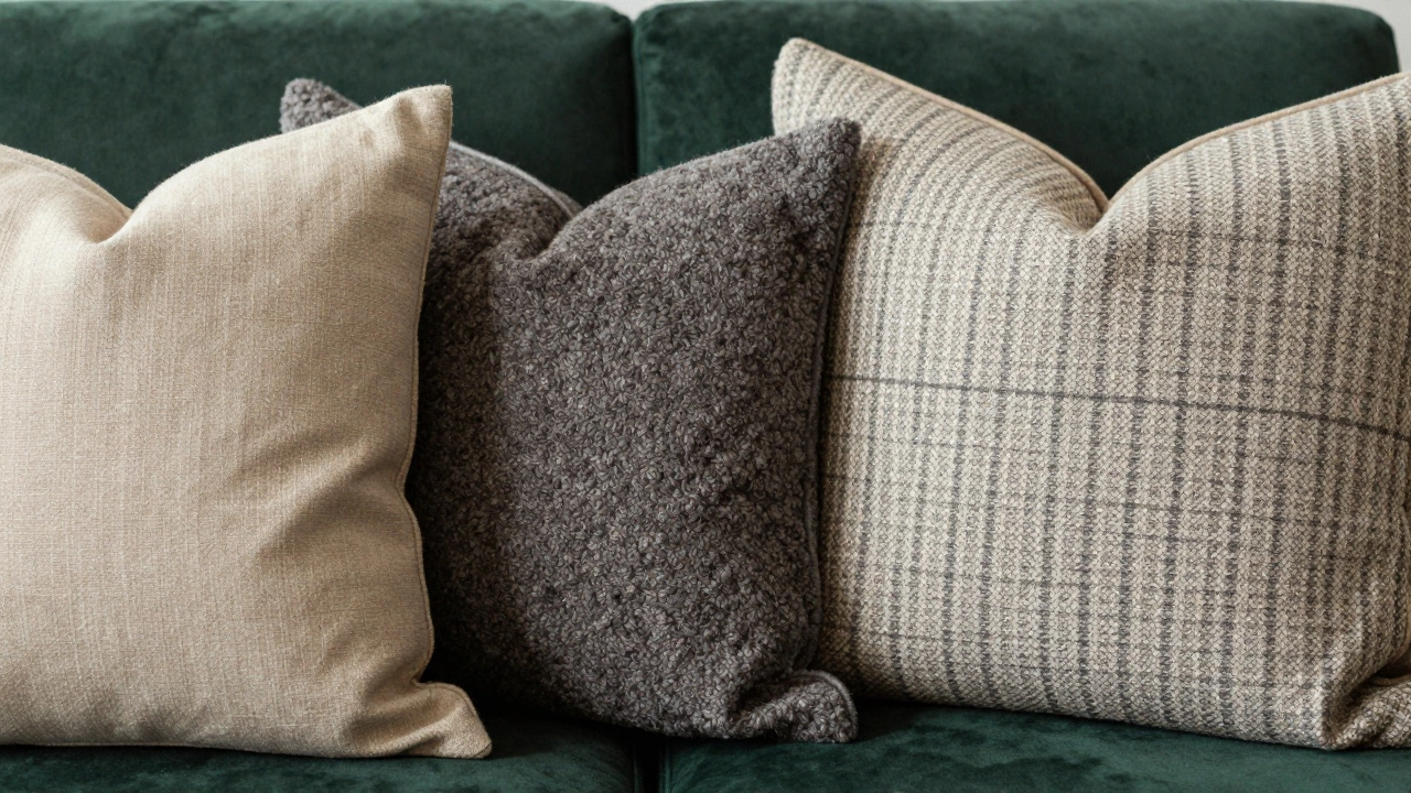 Close-up of mixed texture pillows including linen and wool on sofa