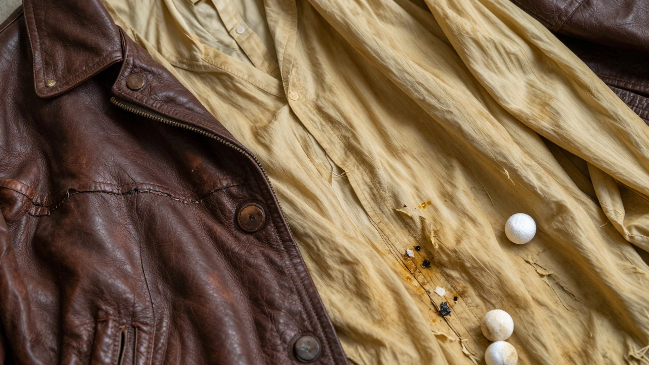 Cracked leather and yellowed rayon fabric damaged by mothball residue.
