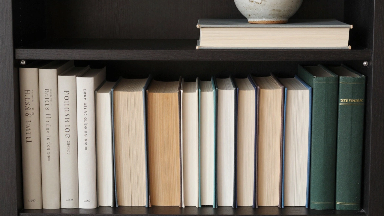 Curated bookshelf display using rule of thirds with backward-facing books and decor