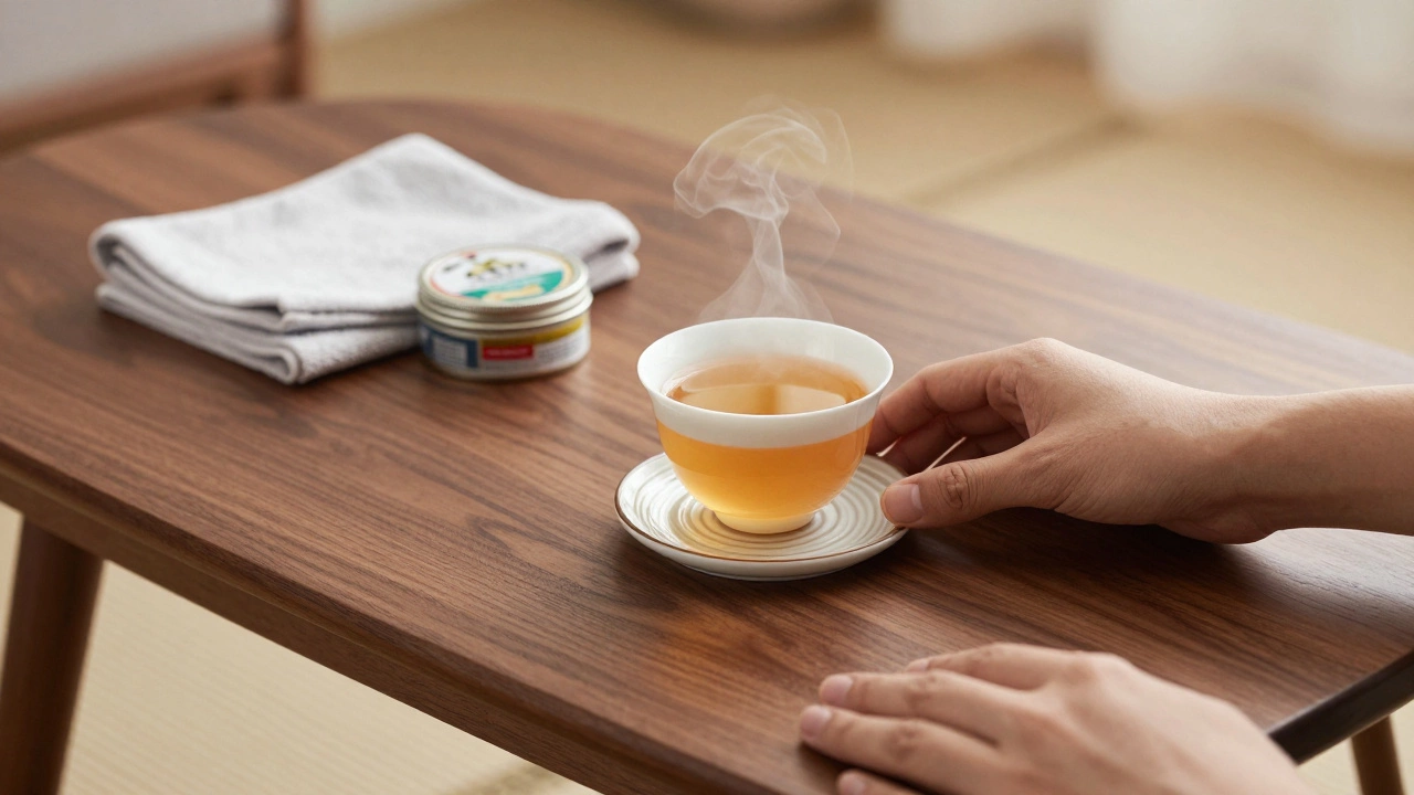 Hands placing a coaster under a hot cup on a walnut table