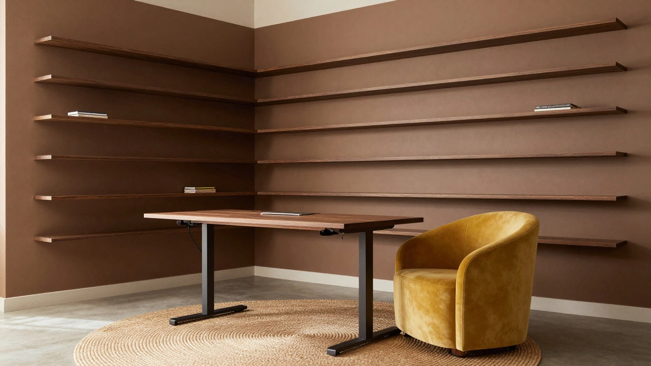 Integrated home office with standing desk and curved armchair